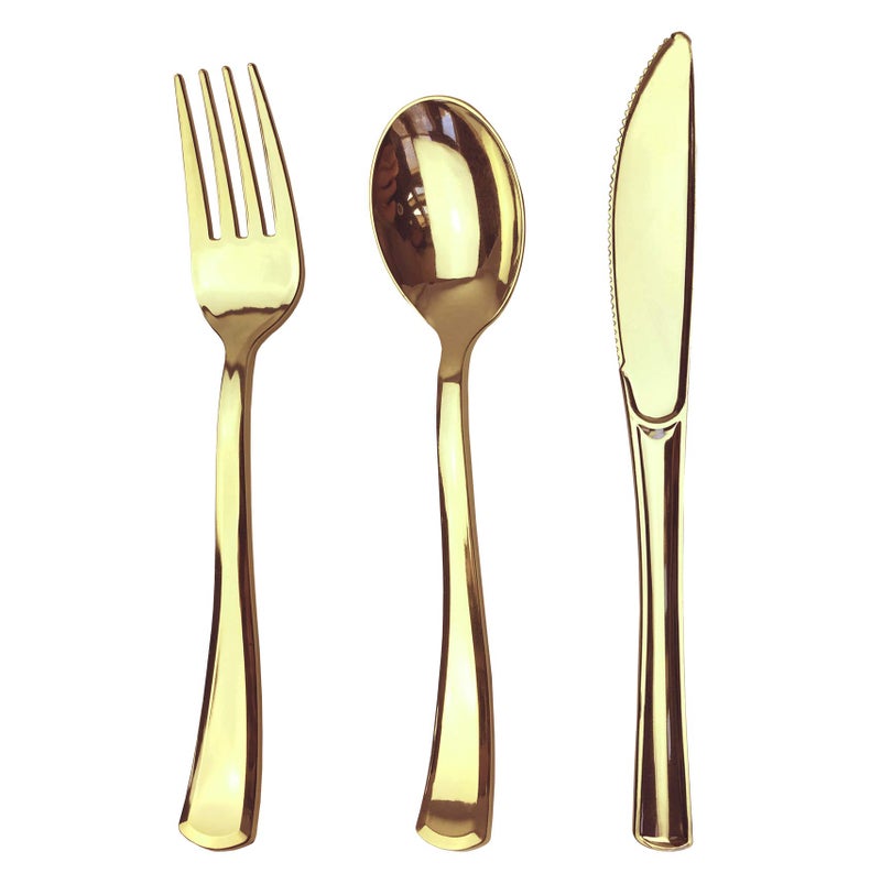 JL Prime 75 Piece Gold Plastic Silverware Set - Reusable & Recyclable - Gold Plastic Utensils for Weddings, Anniversaries, Showers, Parties - 25 Forks, 25 Spoons, 25 Knives - Elegant Cutlery by JL Prime - Image 1